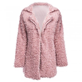 Winter Grey Wool Overcoat Warm Outerwear Women Pink Faux Fur Coat Turn Down Collar Long Sleeve Cardigan